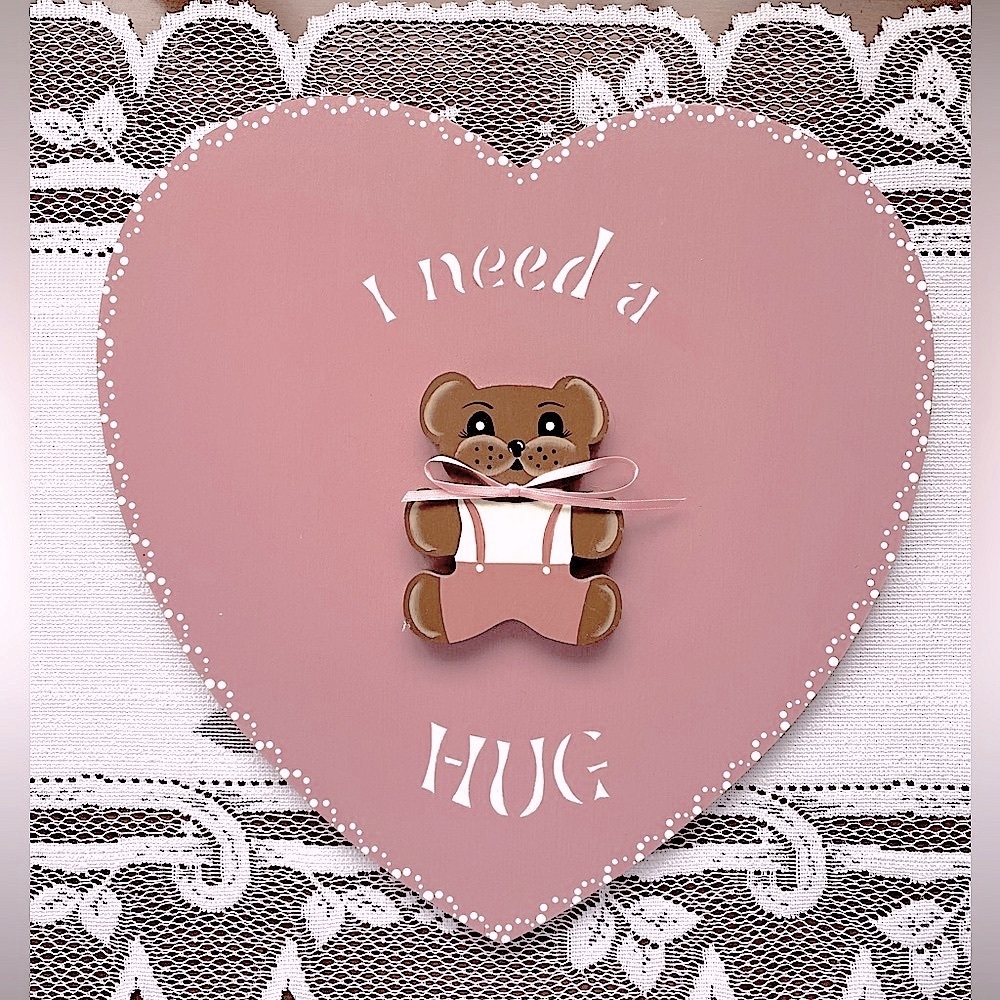 💗 I Need a Hug Wall Hanging 💗 Heart Shaped Teddy Bear Wood Plaque, Mauve Pink